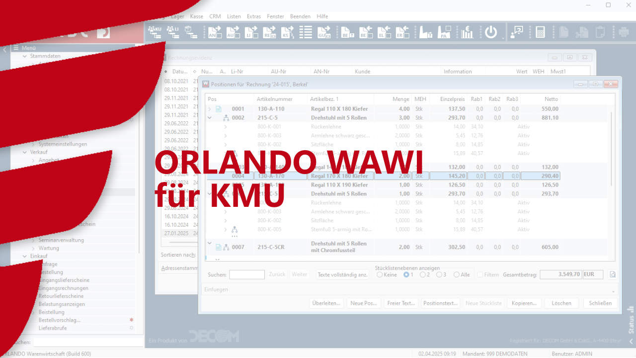 Im Hintergrund ist ein Ausschnitt des Warenwirtschaftsprogramms ORLANDO WAWI zu sehen. Im Vordergrund Links der Flügel aus dem DECOM Logo in Rot. Ein roter Schriftzug "ORLANDO WAWI für KMU"