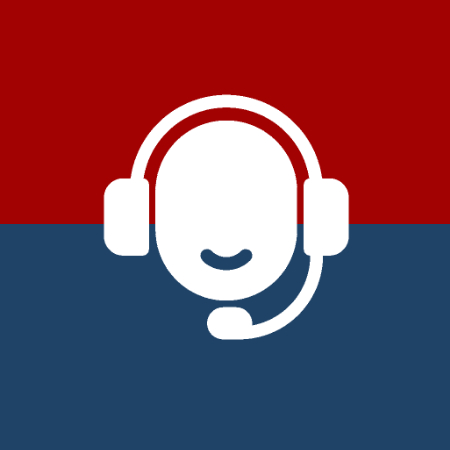 ICON Support - Hintergrund Rot und Blau, im Vordergrund eine weiße Vektorgrafik in Form eines Supportmitarbeitres mit Headset