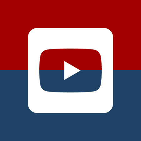 ICON Video- Hintergrund Rot und Blau, im Vordergrund eine weiße Vektorgrafik in Form eines Video-Play-Buttons